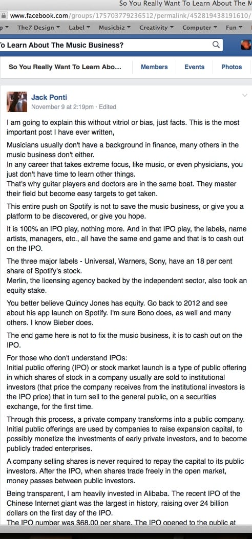 Jack Ponti Spotify IPO Bono Justin Bieber Quincy Jones Facebook Group Music Business