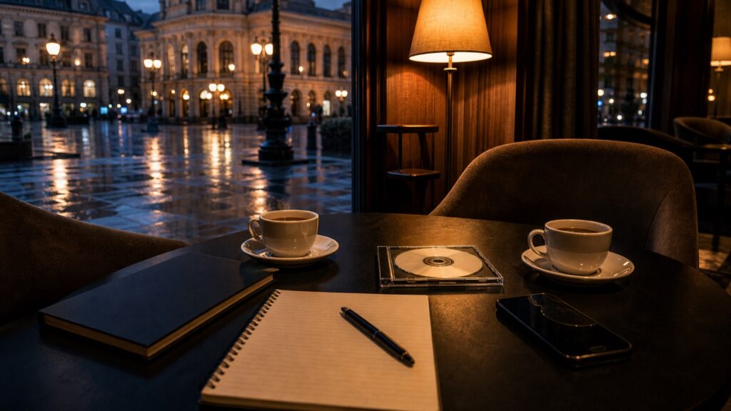 Immagine simbolica: primo incontro in una lounge d hotel vicino alla Alte Oper di Francoforte, con demo CD, caffè e taccuino.