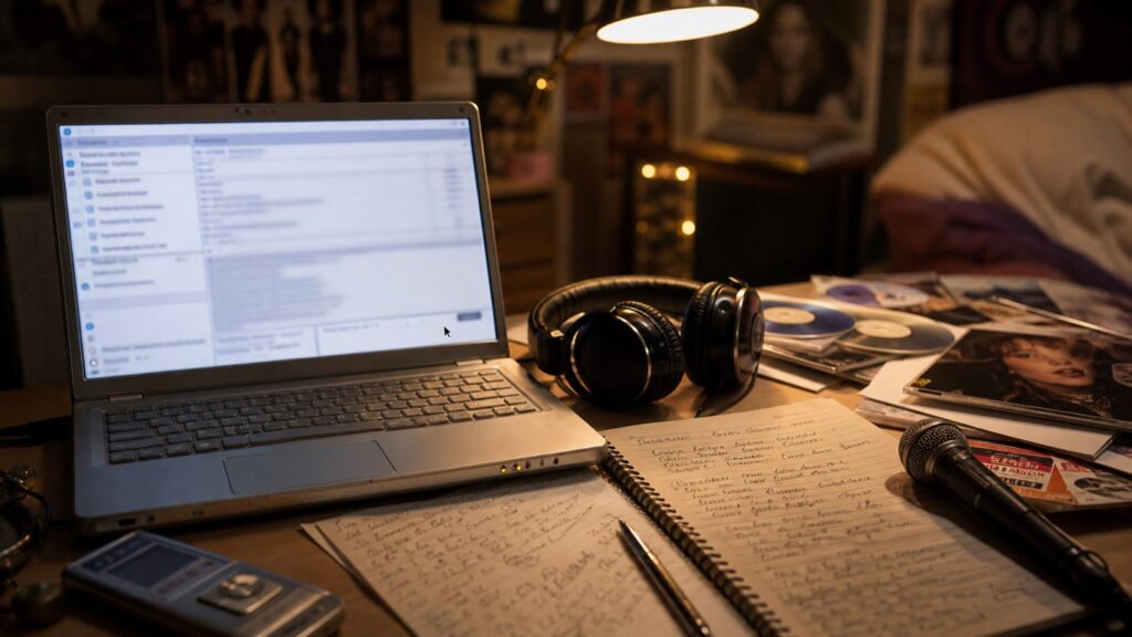 Immagine simbolica: prima email di una giovane cantante, con laptop, cuffie, appunti e microfono.