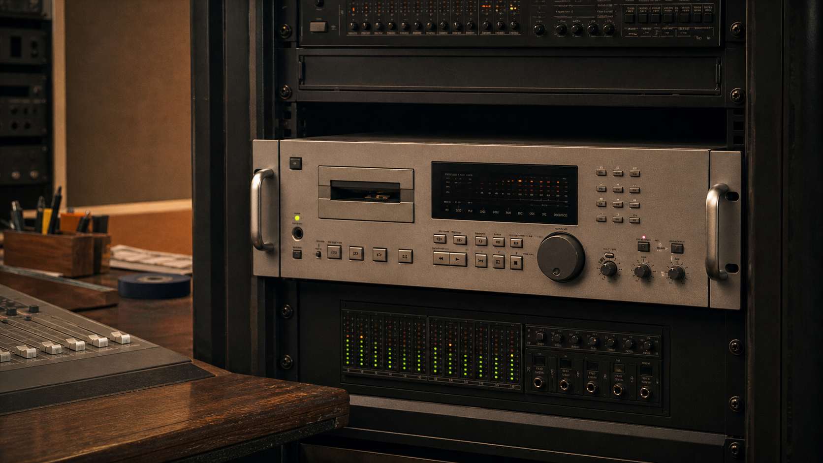 Grauer professioneller 19-Zoll-DAT-Recorder im Studio-Rack als praktisches Übergangsgerät