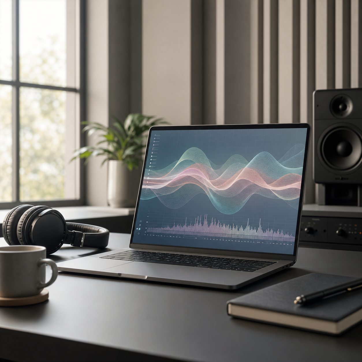 Moderner Studiotisch mit Laptop und abstraktem KI-Musik-Waveform-Interface
