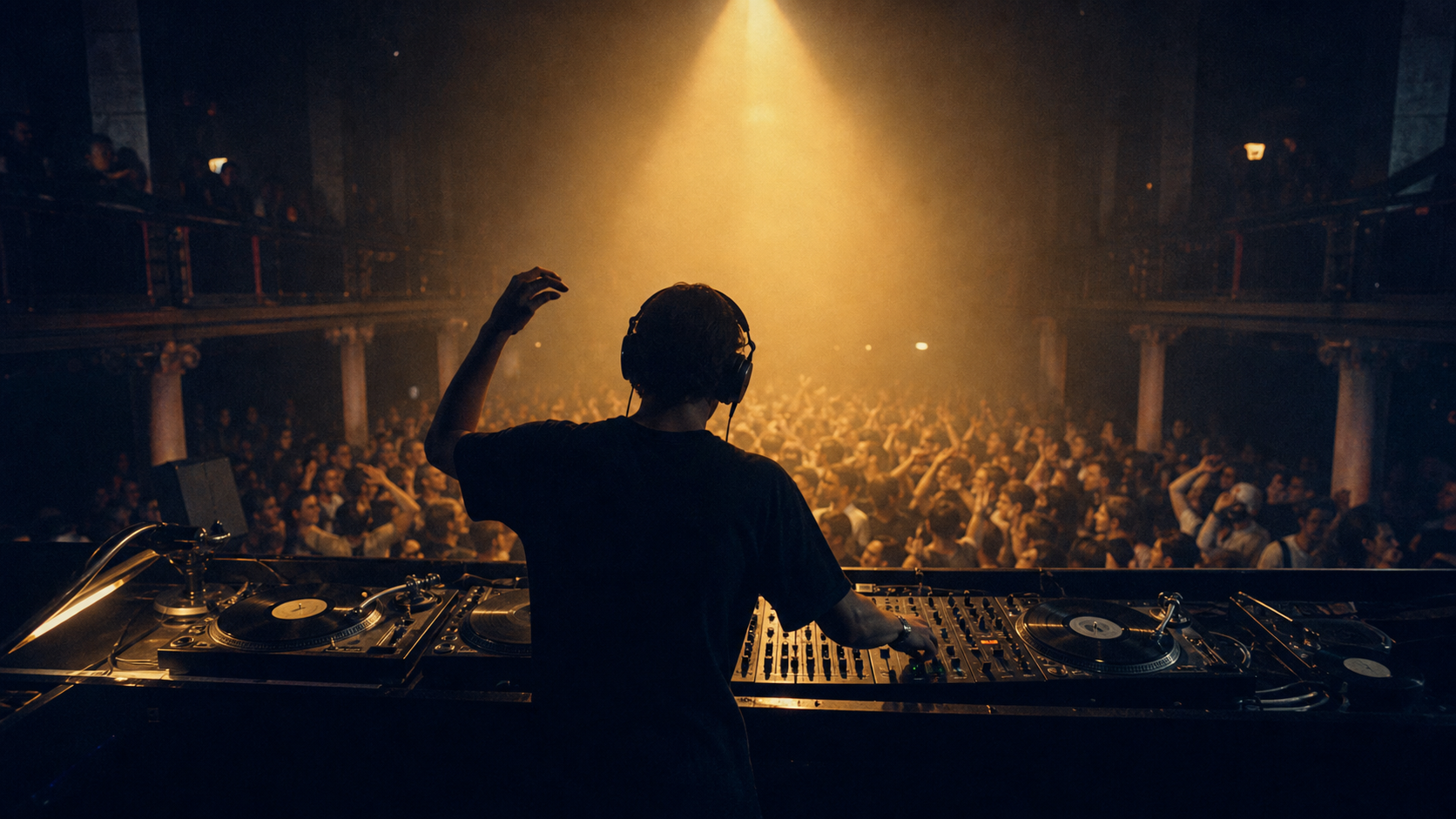 90er-Tanzfläche von der DJ-Booth aus gesehen mit Lichtstrahl durch Clubnebel