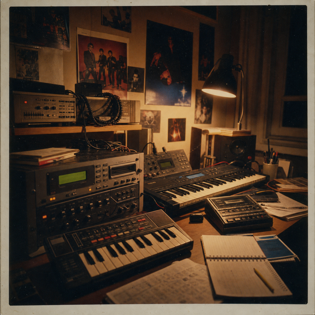 Teenager-Kinderzimmer als 80er-Home-Studio mit Samplern, Keyboard und Kabeln