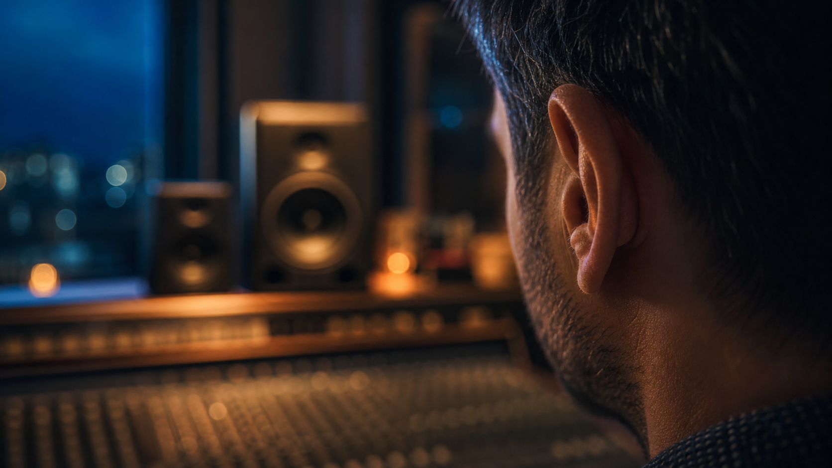 Nahes Profil eines Produzenten-Ohrs im Studio als Bild für Hören und Urteilskraft